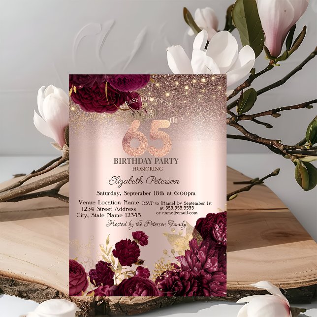 Invitación Flores de Borgoña Brillo Rosa Dorado Cumpleaños 65 (Subido por el creador)