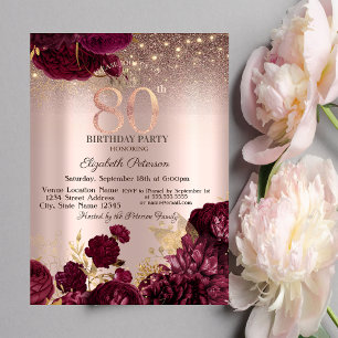 Invitación Flores de Borgoña Brillo Rosa Dorado Cumpleaños 80