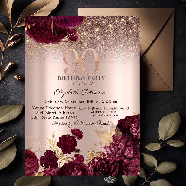 Invitación Flores de Borgoña Brillo Rosa Dorado Cumpleaños 90 (Subido por el creador)