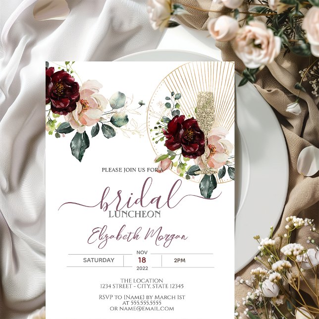 Invitación Flores de Borgoña Brillo Vidrio Bridal Almuerzo   (Subido por el creador)