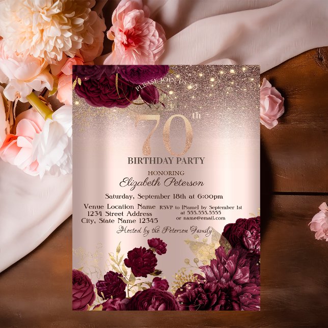 Invitación Flores de Borgoña con Brillo Rosa Dorado Cumpleaño (Subido por el creador)