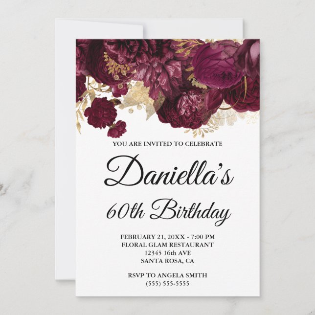 Invitación Flores de Borgoña con Hojas de Oro Glam 60 Cumplea (Anverso)