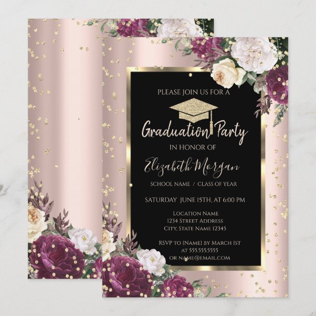 Invitación Flores de borgoña de diamantes Subió graduación de (Anverso / Reverso)