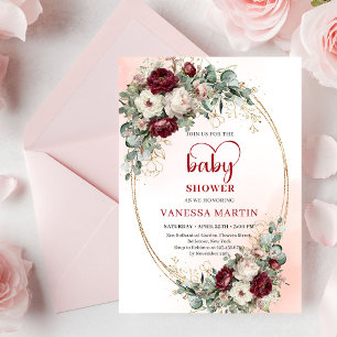 Invitación Flores de Borgoña de Moda Baño de Bebé con Eucalip