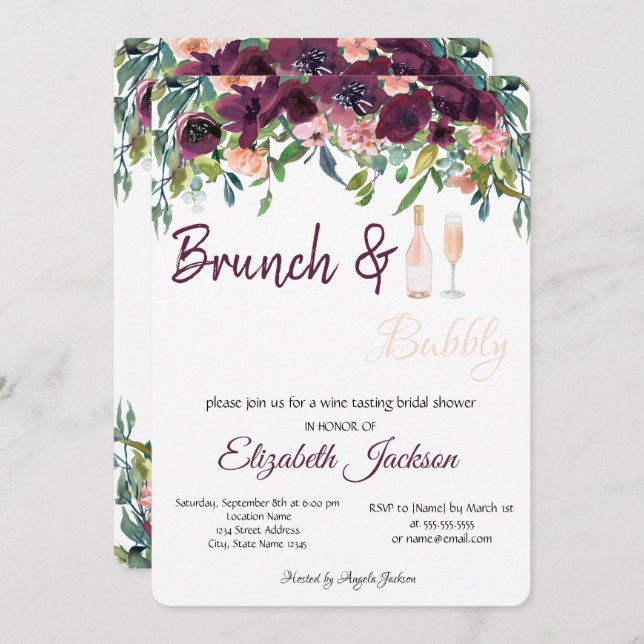 Invitación Flores de Borgoña Ducha Brunch & Bubbly Bridal Sho (Anverso / Reverso)