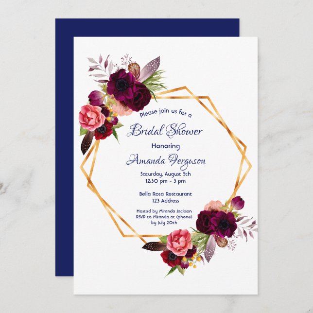 Invitación Flores de borgoña ducha de novia geométrica de oro (Anverso / Reverso)