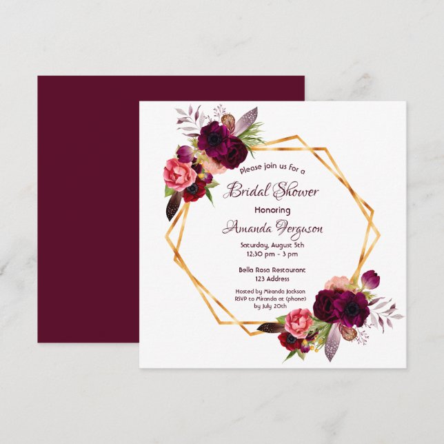 Invitación Flores de borgoña ducha de novia geométrica de oro (Anverso / Reverso)
