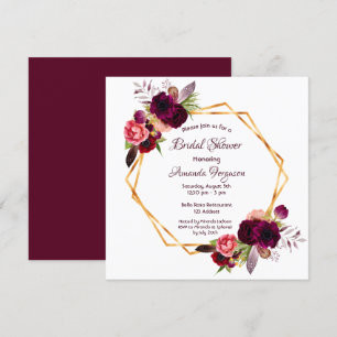 Invitación Flores de borgoña ducha de novia geométrica de oro
