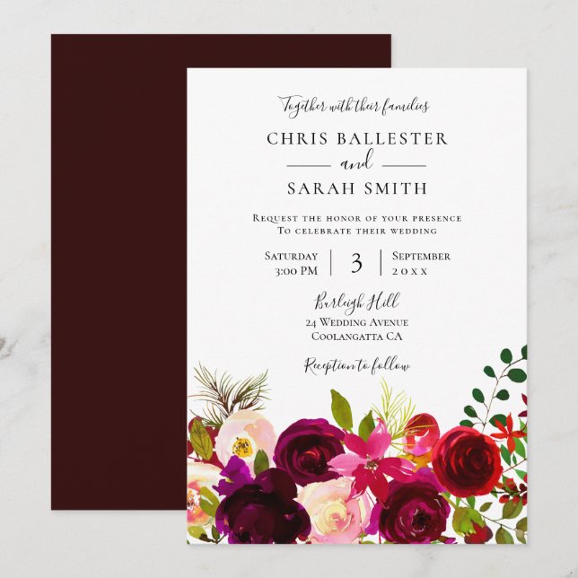 Invitación Flores de Borgoña Elegante Boda Primavera (Anverso / Reverso)