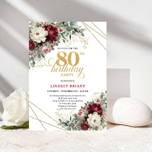 Invitación Flores de Borgoña Eucalipto Oro Cumpleaños 80