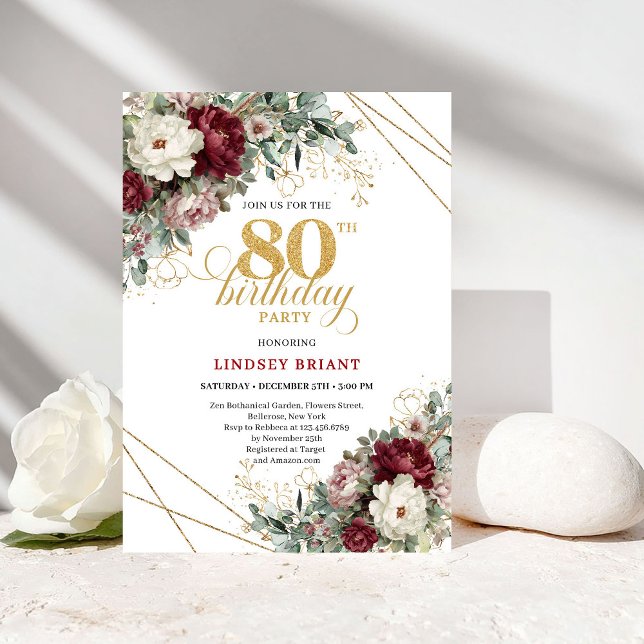 Invitación Flores de Borgoña Eucalipto Oro Cumpleaños 80 (Burgundy Flowers Eucalyptus Gold 80th Birthday)