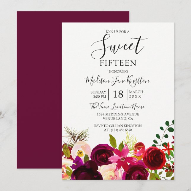 Invitación Flores de Borgoña Floral Boho Dulce 15 (Anverso / Reverso)
