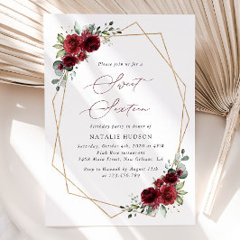 Invitación Flores de Borgoña, Flores Rojas, Boho, Dulce 16