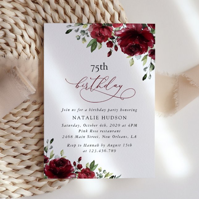 Invitación Flores de Borgoña, Flores Rojas, Verdor, Cumpleaño (Subido por el creador)