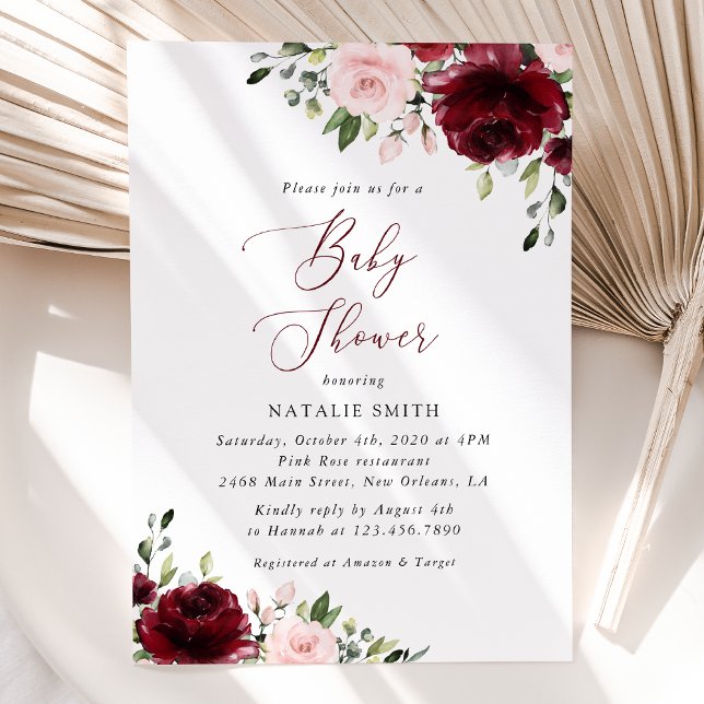 Invitación Flores de Borgoña, Flores Rosa, Boho, Baby Shower (Subido por el creador)
