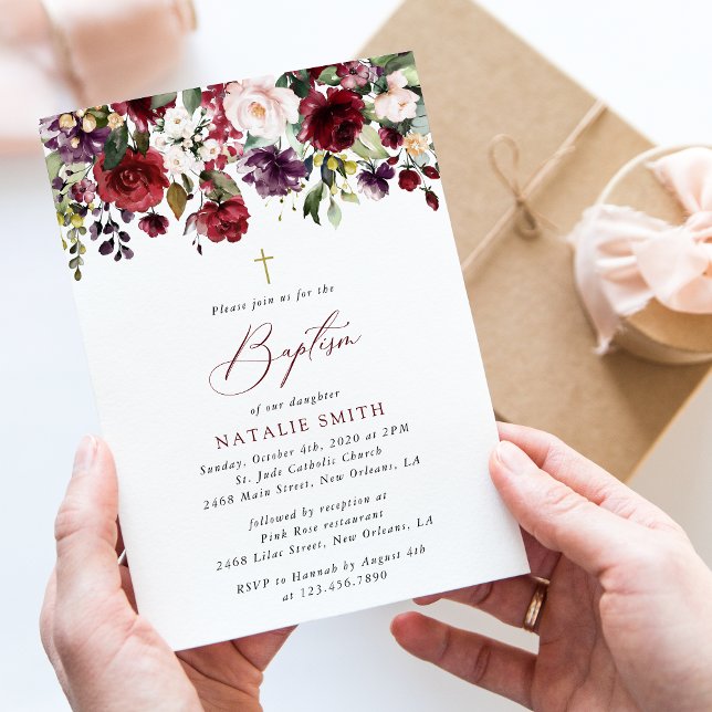 Invitación Flores de Borgoña, Flores Rosadas, Bautizo Floral (Subido por el creador)