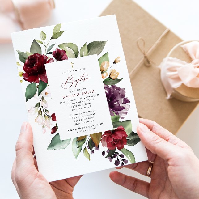 Invitación Flores de Borgoña, Flores Rosadas, Bautizo Floral (Subido por el creador)
