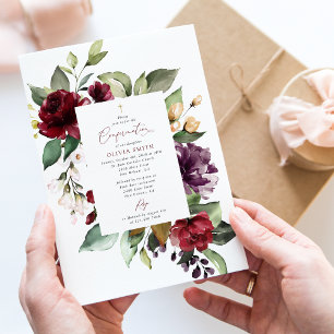 Invitación Flores de Borgoña, Flores Rosadas, Boho, Confirmac