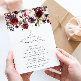 Invitación Flores de Borgoña, Flores Rosadas, Boho, Confirmac