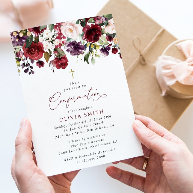Invitación Flores de Borgoña, Flores Rosadas, Boho, Confirmac (Subido por el creador)
