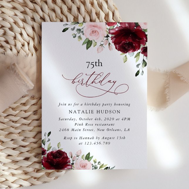 Invitación Flores de Borgoña, flores rosas, boho, cumpleaños (Subido por el creador)