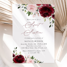 Invitación Flores de Borgoña, flores rosas, boho, dulce 16
