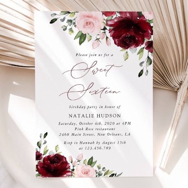 Invitación Flores de Borgoña, flores rosas, boho, dulce 16 (Subido por el creador)