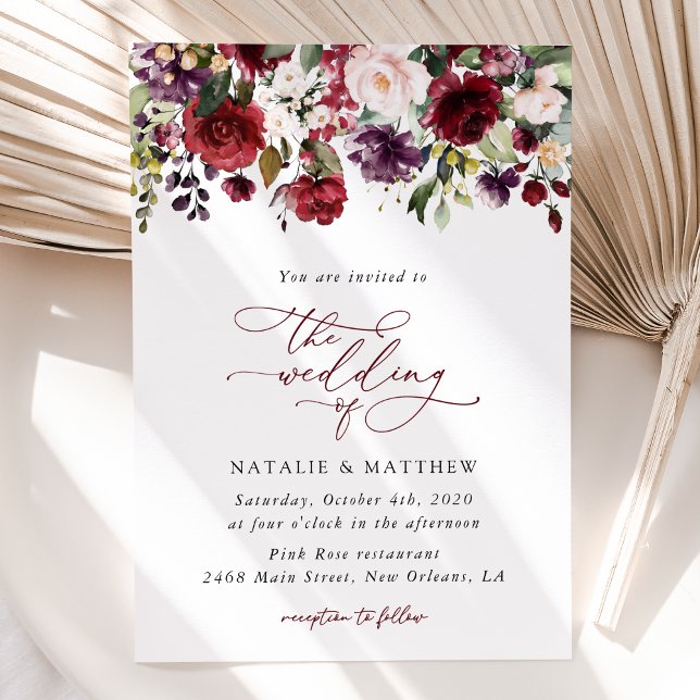 Invitación Flores de Borgoña, flores rosas, vegetación, Boda (Subido por el creador)