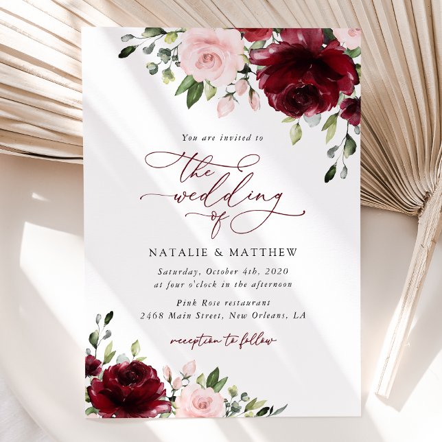 Invitación Flores de Borgoña, flores rosas, vegetación, Boda (Subido por el creador)