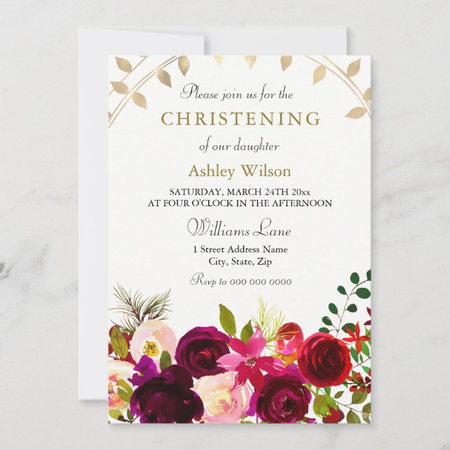 Invitación Flores de Borgoña Hojas de Oro Christening (Anverso)