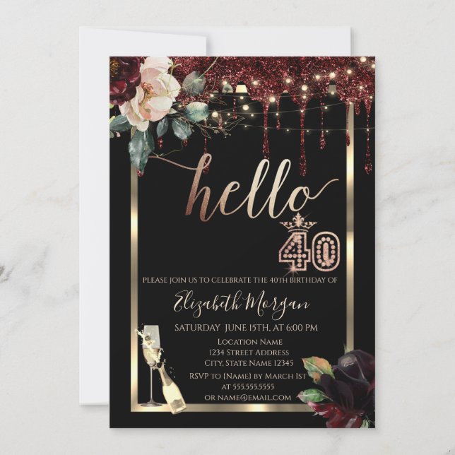 Invitación Flores de Borgoña, Marco, Champagne 40 cumpleaños (Anverso)