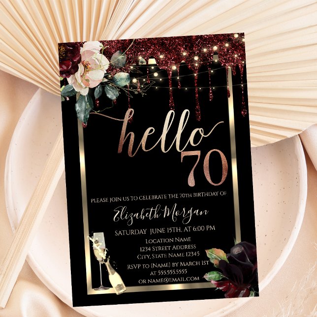 Invitación Flores de Borgoña, Marco, Champagne 70 Cumpleaños (Subido por el creador)
