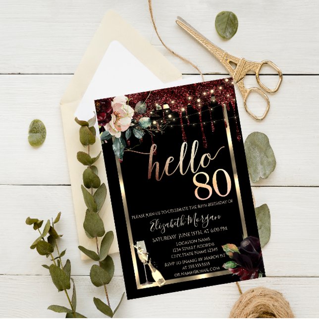 Invitación Flores de Borgoña, Marco, Champagne 80 Cumpleaños (Subido por el creador)