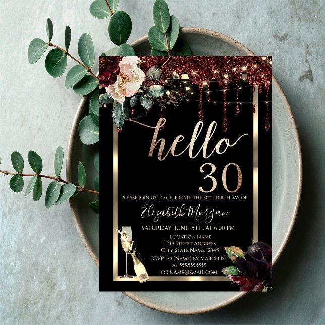 Invitación Flores de Borgoña, Marco, Champagne Cumpleaños 30 (Subido por el creador)