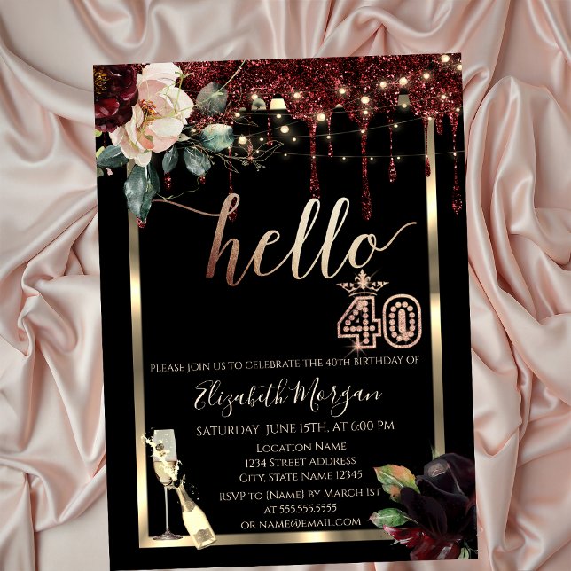 Invitación Flores de Borgoña, Marco, Champagne Cumpleaños 40 (Subido por el creador)