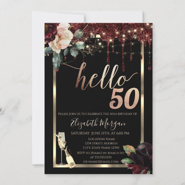 Invitación Flores de Borgoña, Marco, Champagne Cumpleaños 50 (Anverso)