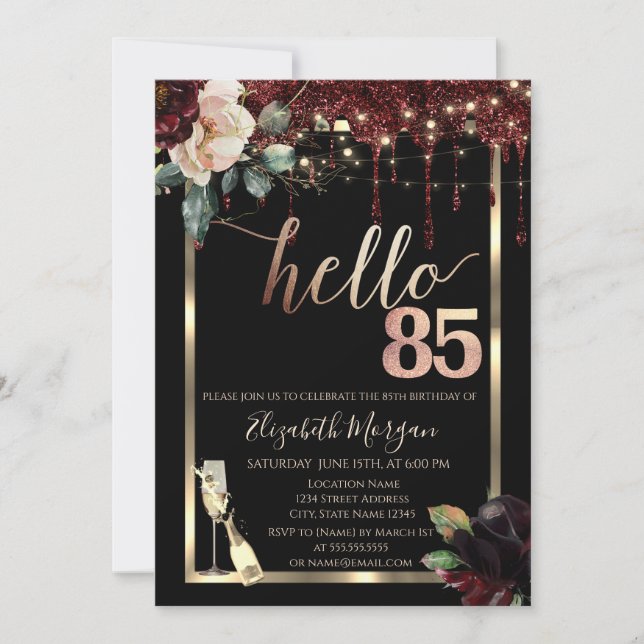 Invitación Flores de Borgoña, Marco, Champagne Cumpleaños 85 (Anverso)