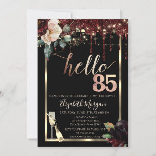 Invitación Flores de Borgoña, Marco, Champagne Cumpleaños 85