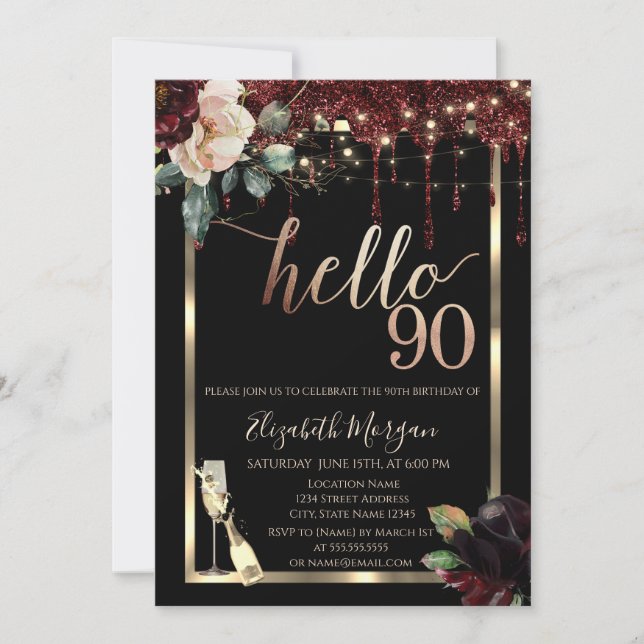Invitación Flores de Borgoña, Marco, Champán 90 Cumpleaños (Anverso)