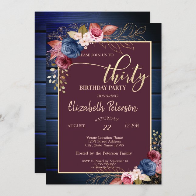 Invitación Flores de Borgoña Marina Madera Azul 30 cumpleaños (Anverso / Reverso)
