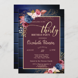 Invitación Flores de Borgoña Marina Madera Azul 30 cumpleaños