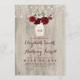 Invitación Flores de Borgoña Mason Jar Rustic Wood Boda