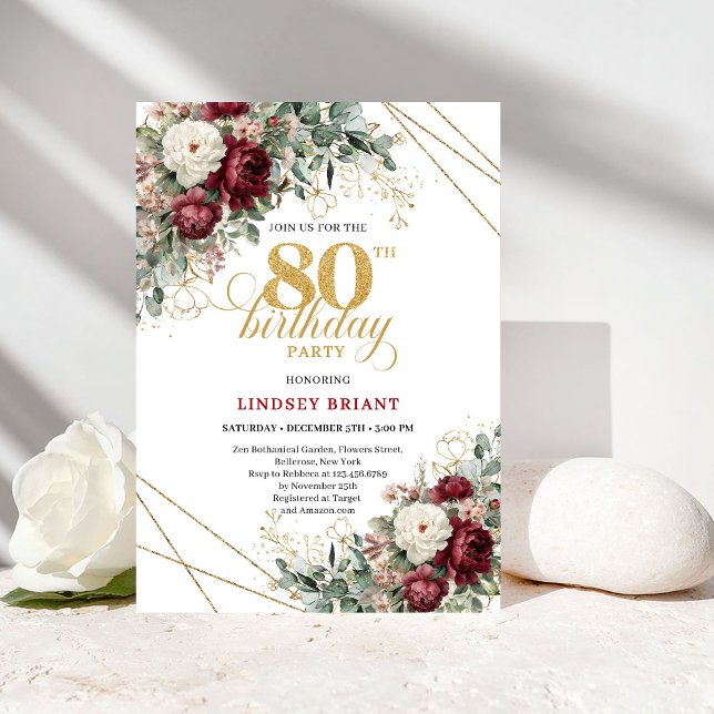 Invitación Flores de Borgoña Románticas Verde Dorado Cumpleañ (Romantic Burgundy Flowers Greenery Gold 80th Birthday Card

)