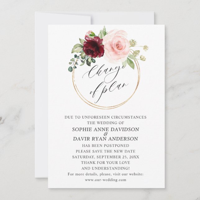 Invitación Flores De Borgoña Rosa Boda Cambio De Plan (Anverso)