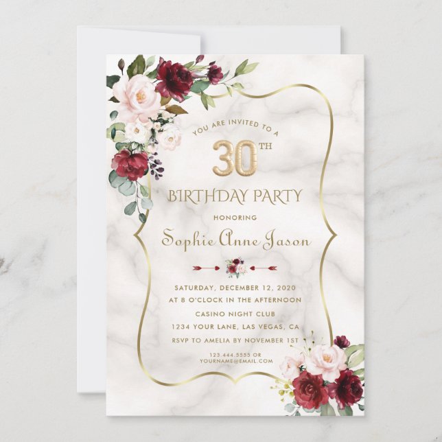 Invitación Flores de Borgoña Rosa Mármol de Oro 30 cumpleaños (Anverso)