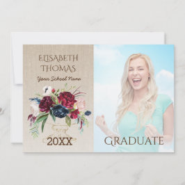 Invitación Flores de Borgoña Rústicas Graduación de Foto Burl