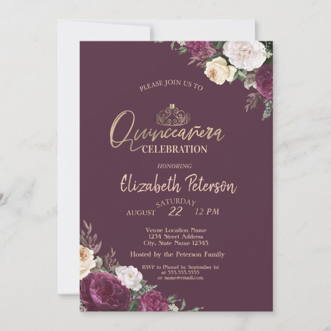 Invitación Flores de Borgoña Tiara (Anverso)