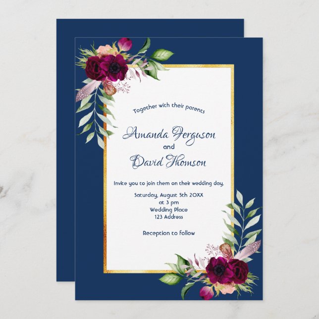 Invitación Flores de Borgoña verde oro boho boda azul (Anverso / Reverso)