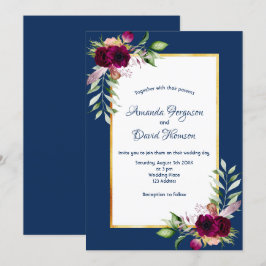Invitación Flores de Borgoña verde oro boho boda azul