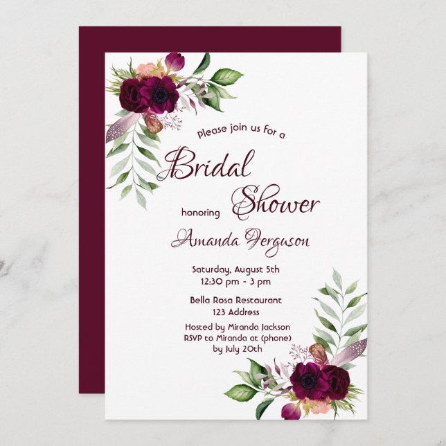 Invitación Flores de Borgoña verde oro boho ducha de novia (Anverso / Reverso)